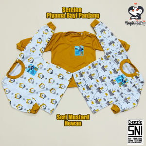Top 1 DENZIE - Setelan Baju Bayi Seri Mustard Panjang Kancing Bahu Usia 0-12 Bulan Motif Hewan Polos