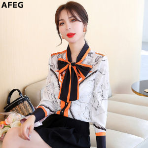 AFEG new style long-sleeved printed color-blocking bowknot elegant blouse for women