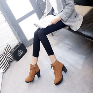 Sunlightt ส่งเร็วแฟชั่นยุโรปและอเมริกา ดำและน้ำตาล รองเท้าใหม่ รองเท้าบูทมาร์ตินวินเทจ รองเท้าบูทหุ้มข้อ ส้นสูงส้นหนา รองเท้าบูต