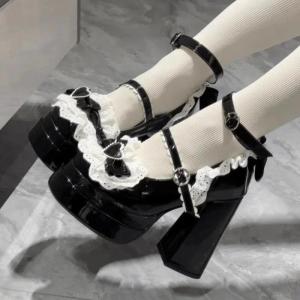 Ngọt ngào dễ thương Nơ Lolita Giày cao gót ren trái tim Nơ dây đeo mắt cá chân Nền tảng Mary Janes Giày cho phụ nữ Phong cách Preppy Giày công chúa 2026