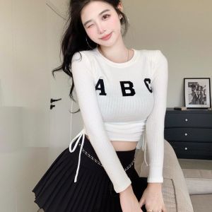 Korean Atasan Wanita Rajut Abc Crewneck Lengan Panjang Top