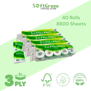 [40Rolls] SoftGreen 4D ARTO Embossed 140g/Roll 3-Ply 8800Sheets Toilet Paper | FSC Certified 100% Natural Premium Virgin Wood Pulp