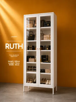 RUTH | Steel Glass Display Cabinet for Books Wines or Figurines - Heavy Duty High Foot Design in Matte White
