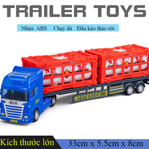 Đồ chơi xe đầu kéo vận chuyển container gồm 2 cont 20 feet chở thùng xăng nhiều màu chạy đà