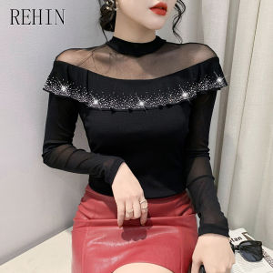 REHIN เสื้อเสื้อตาข่ายคอกลมสำหรับผู้หญิงพร้อมผ้าจับจีบใช้ตกแต่งฉลุลายและพลอยเทียมแขนยาวทรงสลิมฟิต