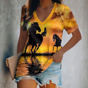 [Local Stock] ZEEMIN Summer Animal Horse 3D Print T-shirts Women Casual Fashion Streetwear Short Sleeve V-Neck T Shirt Harajuku Tees Tops Clothing