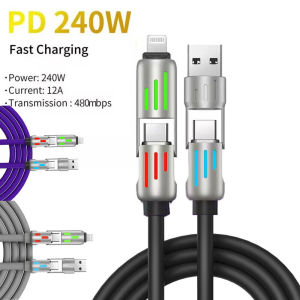 KABEL DATA 4 IN 1 240W LED CABLE FAST CHARGING USB-A TYPE-C IOS LIGHTNING - KABEL DATA LED MACARON SILICONE LENTUR