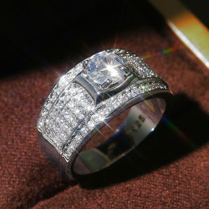 925 Sterling Silver Full Diamond Ring Mens 1 Carat AAA Cubic Zirconia Domineering Business Ring