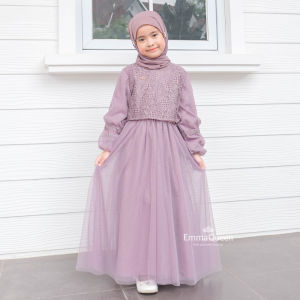 EmmaQueen - Dress Alin Kids Gamis Anak Perempuan Simple Elegan Cotton Tile Kombin Eksklusif Brukat Wudhu Friendly Kancing Belakang Karet Pinggang