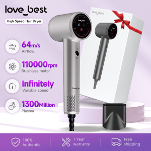 Love Best High Speed Hair dryer Plasma Hair Dryers Infinitely Variable Speed Professional Intelligent Touchscreen 1300 Million Negative Ions 110000 RPM Motor 64m/s Airspeed High-Speed Hair Dryer for Women Men Travel Salon Sliver With 1 Nozzle