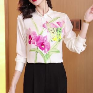 AMMIN เสื้อเบลาส์แขนยาวกระดุมแถวเดียวสำหรับเสื้อชีฟองหญิง Sablon Bunga สีชมพูหวานๆสำหรับฤดูใบไม้ผลิและฤดูใบไม้ร่วง2024