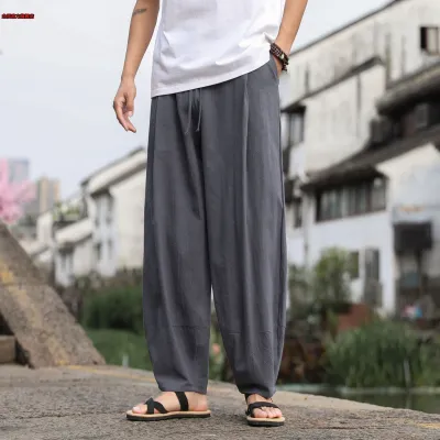 Tai Chi Pants Mens Chinese Style Summer Large Size Wushu Hanfu Pants Wide Leg Loose Bloomers Cotton and Linen Kung Fu Pants