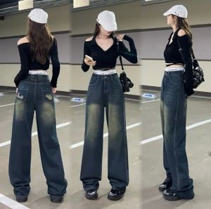 chen shop กางเกงยีนส์ขายาวเอวสูงทรงกระบอก แต่งขาดขอบเอวและกระเป๋าด้านหลัง วินเทจ แนวสวยสุดฮิตวัยรุ่นมากๆ