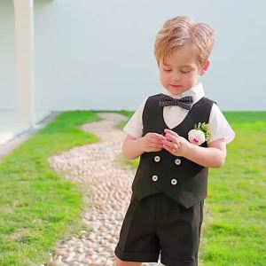 Baby Boys Vest Short Bowtie Photography Suit Children Formal Wedding Dress Prince Kids Performance Set Birthday Ceremony Costume