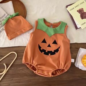 New Halloween European and American Baby New Funny Round Neck Sleeveless Pumpkin Romper for Boys Baby Onesie Crawling Suit
