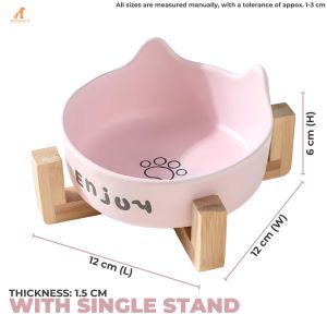 Rennas Ceramic Cat Bowl Wood Stand High Foot Guard Dog Food Bowl Anti-overturning Pet Water Bowl
