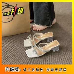 Free Shipping WomenS Square-Toe Slip-On Sandals With A Bow And Crystal Embellishments A New And Stylish Design With A High-End Korean Aesthetic