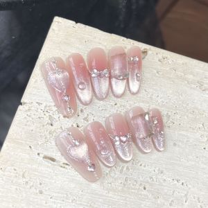 【HANDMADE+Free Glue】Artificial Nail Queen of Romance Cats Eye Heart Pink Blush Gradient Crystal Phototherapy Fake Nail Patch Press on Nails Reusable