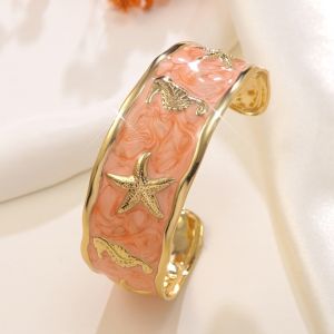 RANZH Metal Shell Starfish Seahorse Bracelet Enamel Design Oil Dripping Style Open Cuff Bangle Gift Gold Color Stainless Steel Bracelet Beach Party
