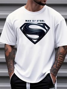 Plus Size Justice League Mens Casual Crew Neck T-Shirt | Man of Steel Graphic Print | Short Sleeve | Playful Text Design | Comfortable Fit | Ideal for Spring/Summer Everyday Tshirt | SIZE L-5XL