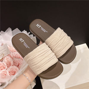 Free Shipping 2026 WomenS Pleated Sandals New Summer Fashion Outdoor Wear Fabric Upper Soft Sole Beach Vacation Slip-On Sandals