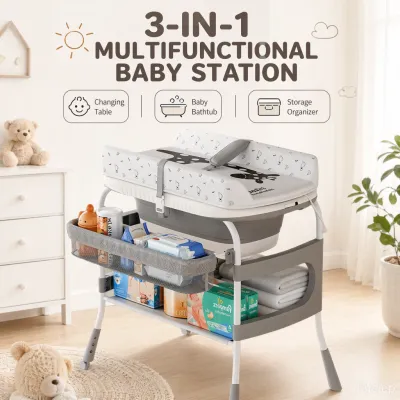 3-in-1 Baby Changing Table with Bathtub Adjustable Height Diaper Station with Large Storage for Newborns