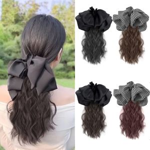 MYCOLOR Fluffy Trendy Fashion Women Ribbon Bow Girls Plaid Hairpin Vintage Barrettes Claw Clip Women Hair Wig Bow Ponytail Hairpiece Ladies Hairpiece Ponytail Hair Extensions