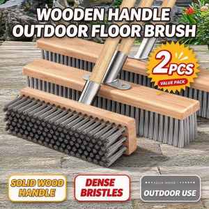 2Pcs floor scrub wire brush with wood long handle for cleaning bathroom garden moss stainless steel brush