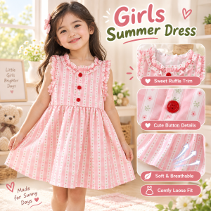 AILEBE Kids Dresses For Girls Summer Casual Dress Short Sleeve Ruffled Trim Round Neck Loose Fit Soft Breathable Fabric OOTD Pambahay Pang Gala