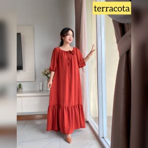 NABILA DRESS Gaun Maxi Crinkle Crinkle Poliester Lengan Panjang dengan Kerah Bulat - Warna Solid