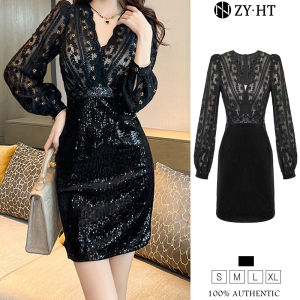 ZYHT EraVogue Đầm Váy nữ váy đen váy dài tay váy cổ chữ V váy sequin váy ren váy cổ điển váy sự kiện váy dự tiệc váy Pháp 20919