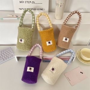 OPEAREY Protective Cover Water Bottle Bag Plush Plaid Mobile Phone Bag Portable Bottle Handbag Outdoor Activities