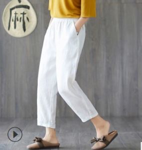 Fashion Women Summer Solid Color Cotton and Linen Loose Linen Trousers Lwomen Cotton and Linen Nine-point Harem Pants
