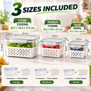 Food Storage Container Set with Removable Drain Basket for Refrigerator Fruit Vegetable Fresh Food Kitchen Organizer