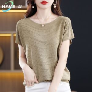 HAVE U Womens T-shirt Round Neck Ice Silk Short Sleeve T-shirt Fashion Loose Jacquard Top