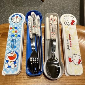 BAGUO(霸果) Anime Chopsticks Three-piece Set Stainless Steel High-looking Cartoon Spoon Cute Portable Kitty Fork Kitchen