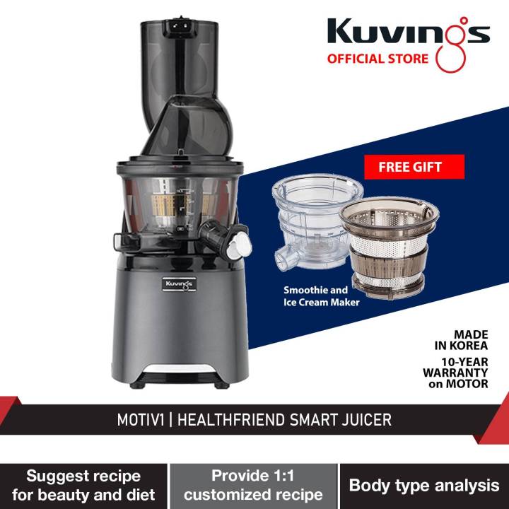 Kuvings MOTIV1 HealthFriend Smart Juicer Whole Slow Juicer, Dual Feeding Chute for Cold Press Masticating Juice (Silver)