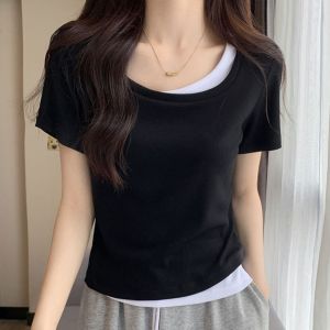 【READY STOCK】ST329 M-2XL Ladies Fake Two Piece Slim Fit Crop Top Women Square Neck Short Sleeve T-Shirt