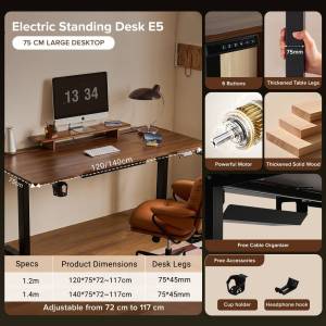 Bapoarm E5 Electric Gaming Desk 18mm Solid Wood Top Smart Height Adjustable 72-117cm Computer Table for Home Office