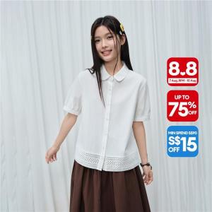 Giordano Women Luxurious Cotton Peter Pan Collar Openwork Hem Knitted Short Sleeve Stylish Shirt - Soft & Breathable - Premium Quality Free Shipping 18346603
