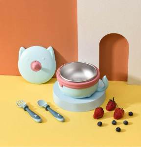 VREN Food Warm Injection Hot Water Insulation Kids Dishes 306L Stainless Steel Tableware Baby Sucker 400ml Feeding Bowl Plate Childrens Tableware Set