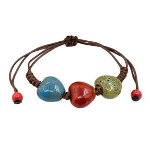 Colorful Ceramic Beads Bracelet Sturdy Bangle Trendy Wristband with Cotton Cord for Daily Wear and Festive Occasions
