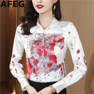 AFEG Korean shirt collar fashion loose temperament color satin printed long sleeve blouse for women