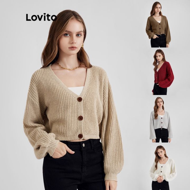 Lovito Casual Plain Long Sleeve Button Sweater Knitted Cardigan