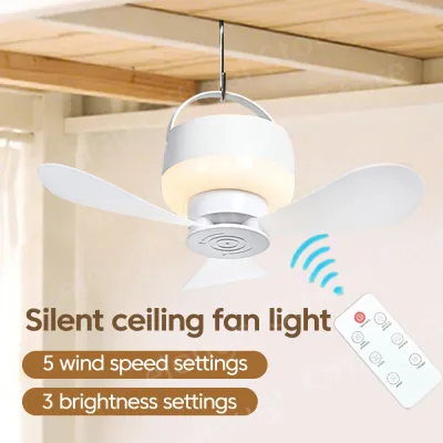 Ceiling Fan with LED Light and Remote 5 Level Wind Speed USB Rechargeable Portable Hanging Fan for Tent Camping Dorm Bedroom Outdoor Travel