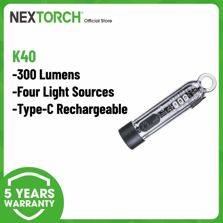Lampe Porte-clés Nextorch K40 – 4 LED (Blanc, Rouge, Bleu, UV) – 300 Lumens, Rechargeable USB