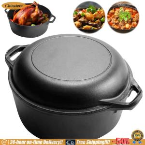 [Chinatera Brand Store]2 in 1 Iron Dutch Oven with Skillet Lid Dutch Oven Pot Skillet Cookware Pan Set for Bread Frying Baking Camping BBQ