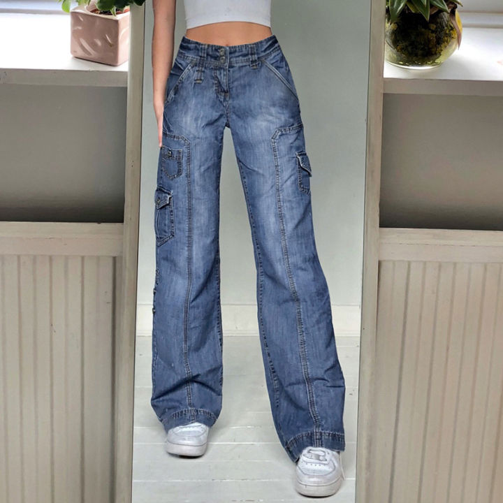 Women Baggy Denim Pants Y2k Straight Leg Oversized Low Rise Cargo