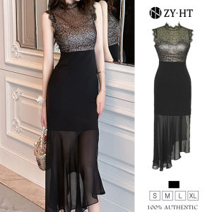 ZY·HT EraVogue Chiffon Lace Dress Irregular Long 2024 Summer New Elegant Dress Splicing Design Black Evening Gowns 20412