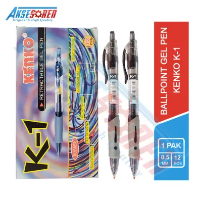 Pulpen Jel Kenko [K-1/12 Pcs/1 Pack] / Bolpoin Gel 1 Pack / Balpoint 1 Pak Murah / Alat Tulis / K-1 Retractable Gel Pen / Ballpoint Gel Pena 1 Pak / Pulpen Kenko Hitam